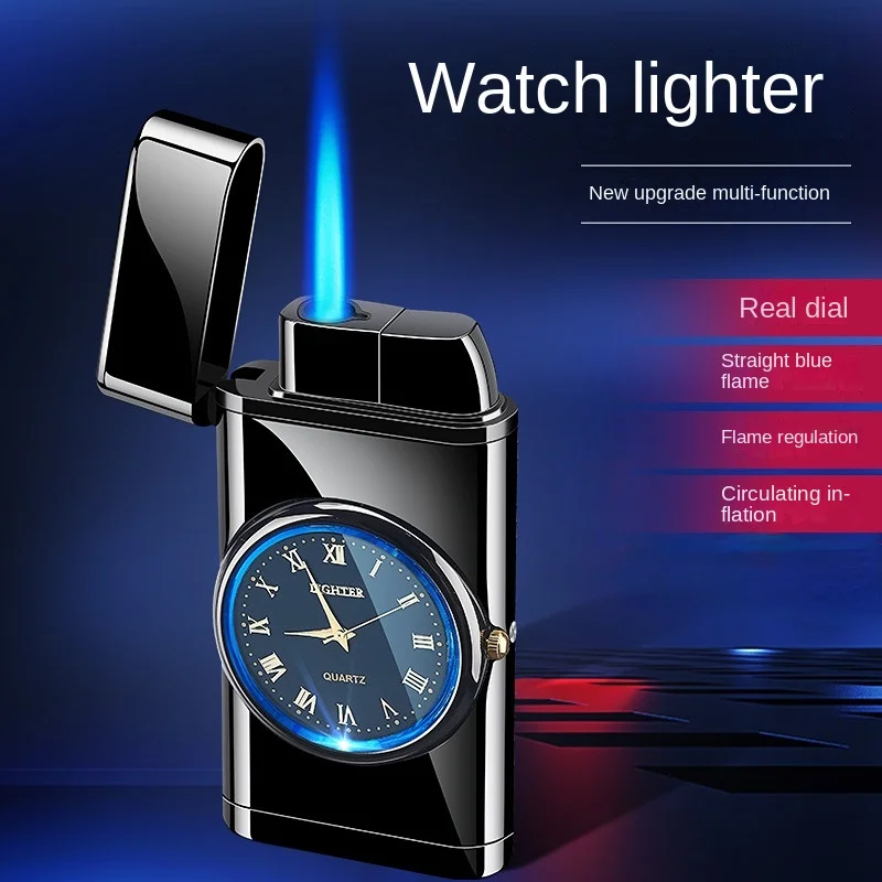 Cool Metal Watch Windproof Lighter Personalized LED Light Blue Flame Inflatable Lighter Holiday Gift Smoking Accessories Gadget