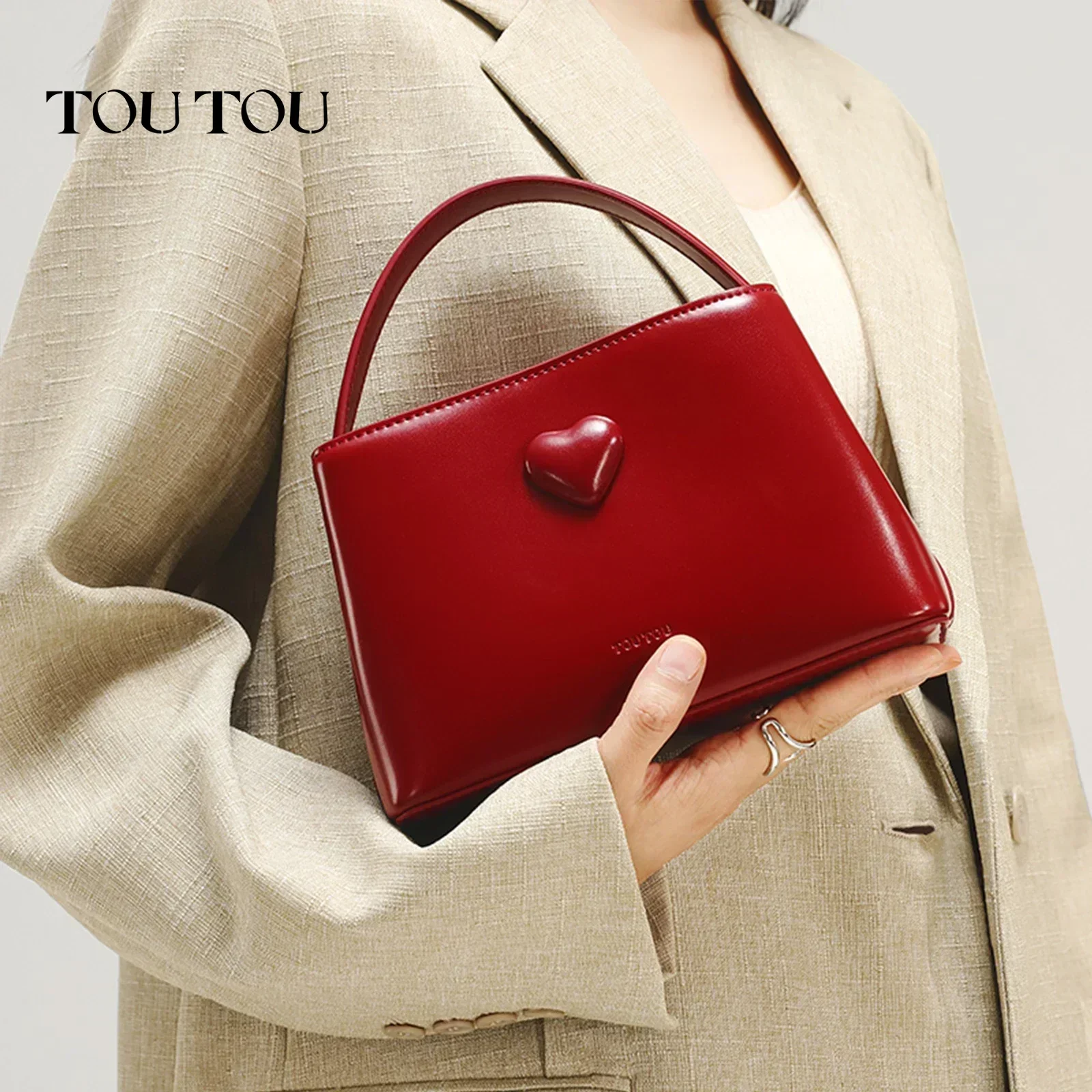 TOUTOU Women Handbag Cowhide Small Handheld Wedding Bag Bride Daily Commuting Love One Shoulder Crossbody Red Bag Christmas Gift