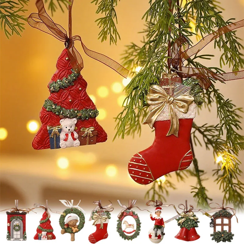 

Christmas Resin Ornament Set Vintage 3D Bell Wreath Pendant Colorful Painted Xmas Tree Decor for Home Party Kids New Year Gift