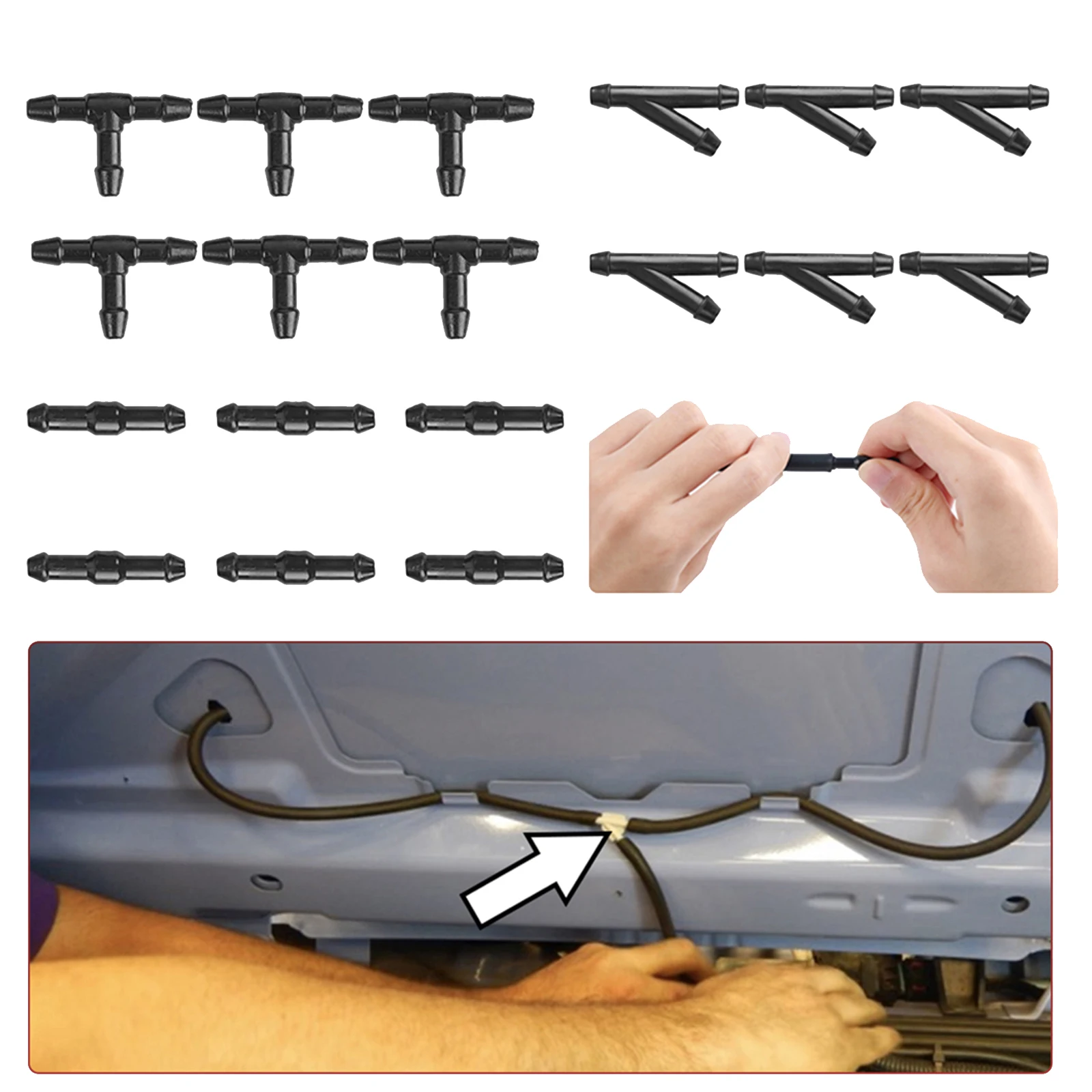 18Pcs Universal Joiner Pipe Connector T Piece Straight Tee 3 Way Y Piece Air Fuel Water Petrol Wiper Washer Nozzle Hose Tubing