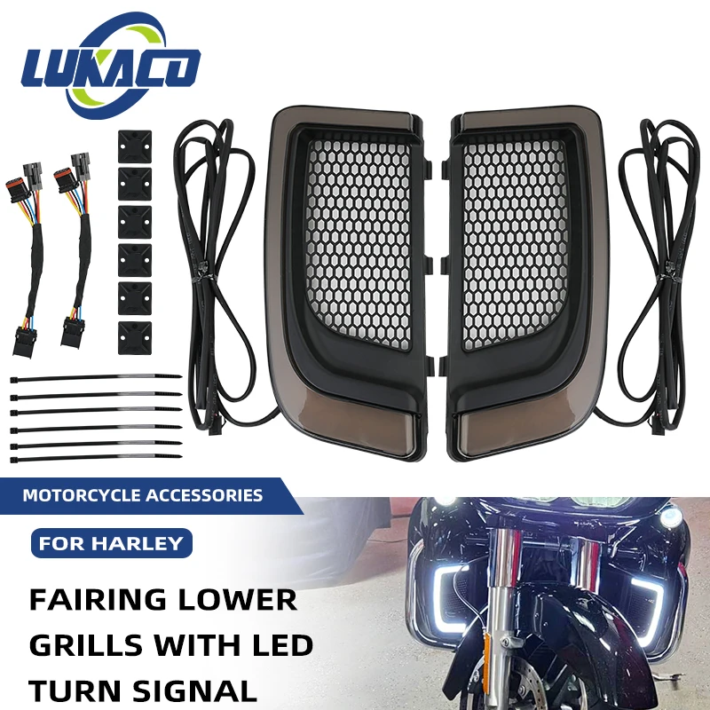 

Motorcycle LED Turn Signal Light Fairing Lower Grills For Harley Touring Street Glide Road Glide Electra Glide FLHTK FLTRU