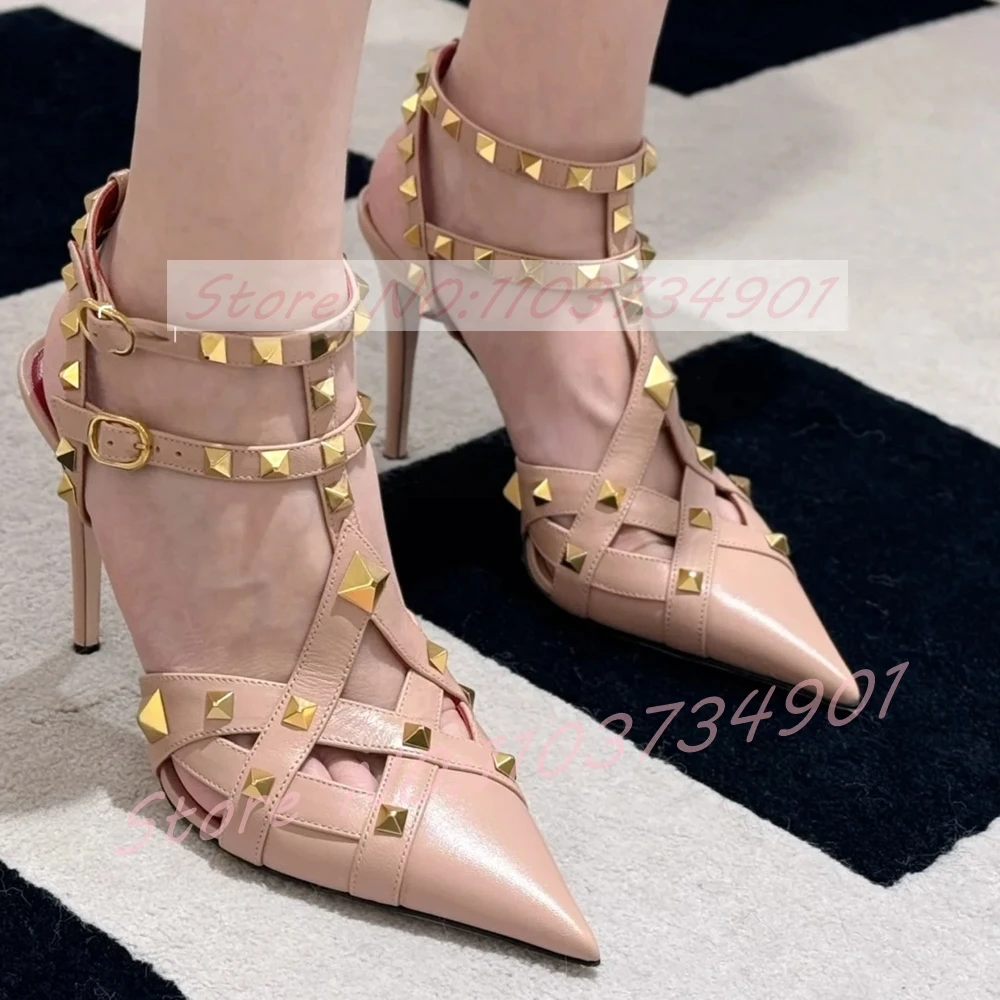 Women's Pointed Toe Stiletto Sandals With Gold Rivets Sexy Nude Pink Cross Strap Cut-Out Sandals Feminine Stylish Glam Footwear view 2