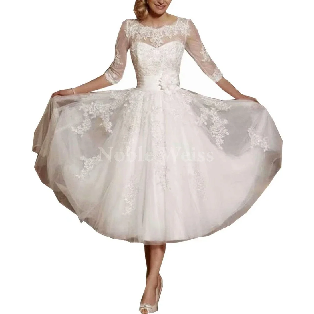 

Short A-line Wedding Dresses Lace Bridal Gowns Appliques Prom Dress Ball Gown