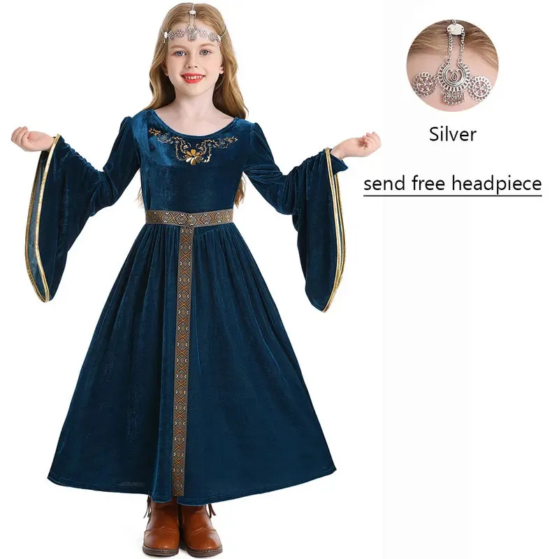 Umorden 어린이 키즈 르네상스 중세 드레스 가운 의상 소녀 4-12T 레드 블루 헤드 피스 3 개/대