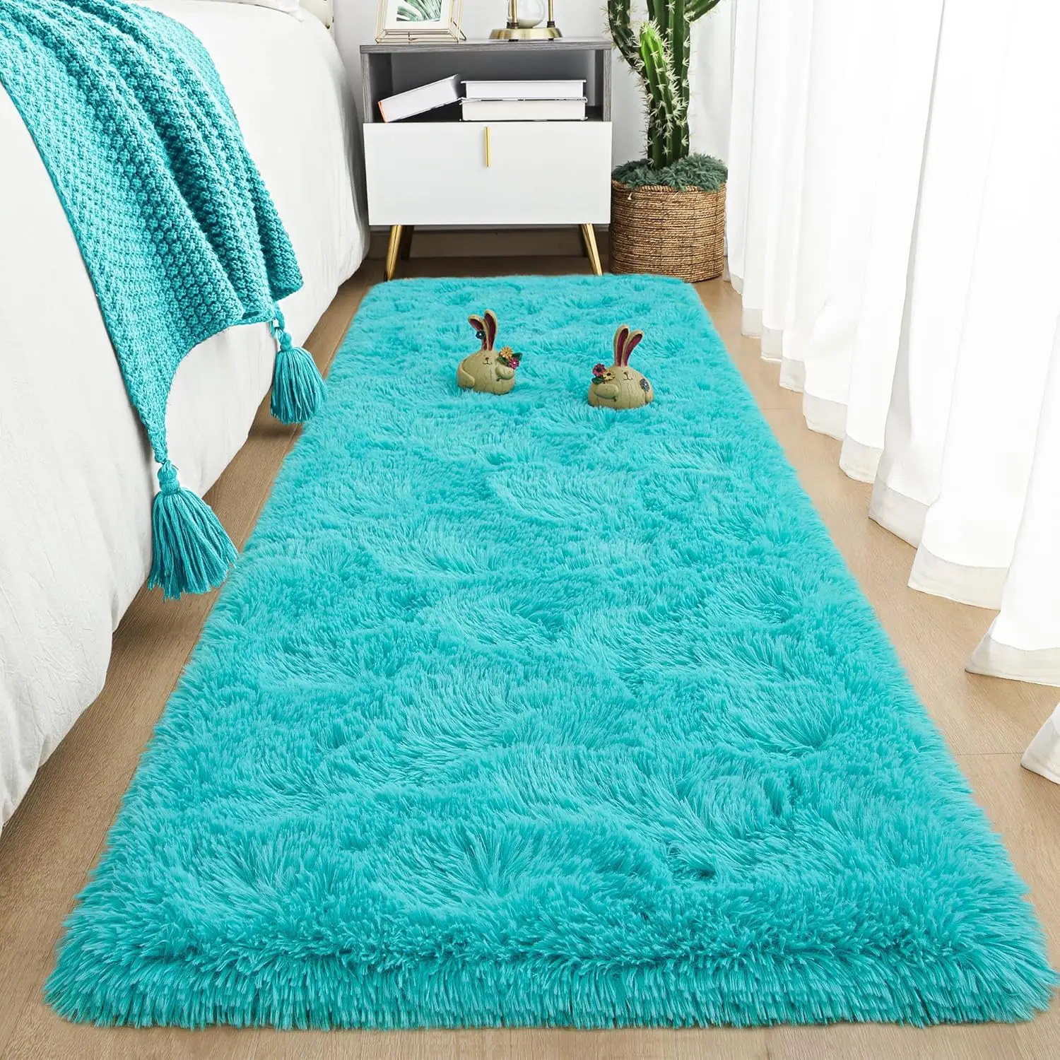 Soft Runner Rugs for Bedroom 2x6 ft with Rubber Backing, Blue Fluffy Rugs for Living Room, Shag Bedside Rug Fuzzy Plush Carpet