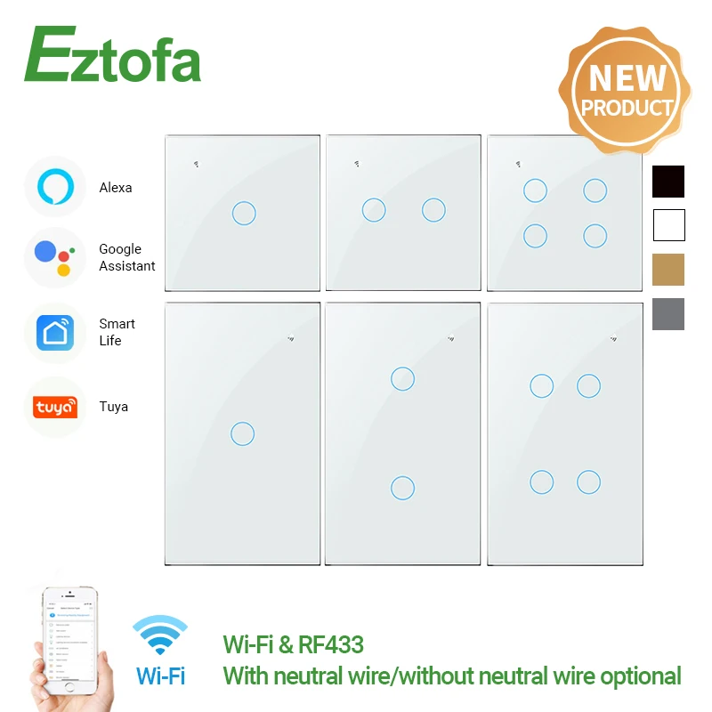 Tuya Wifi Touch Switch No Neutral Wire Required RF433 Remote Smart Home Alexa Google Alice Voice Control Smart Life App US EU