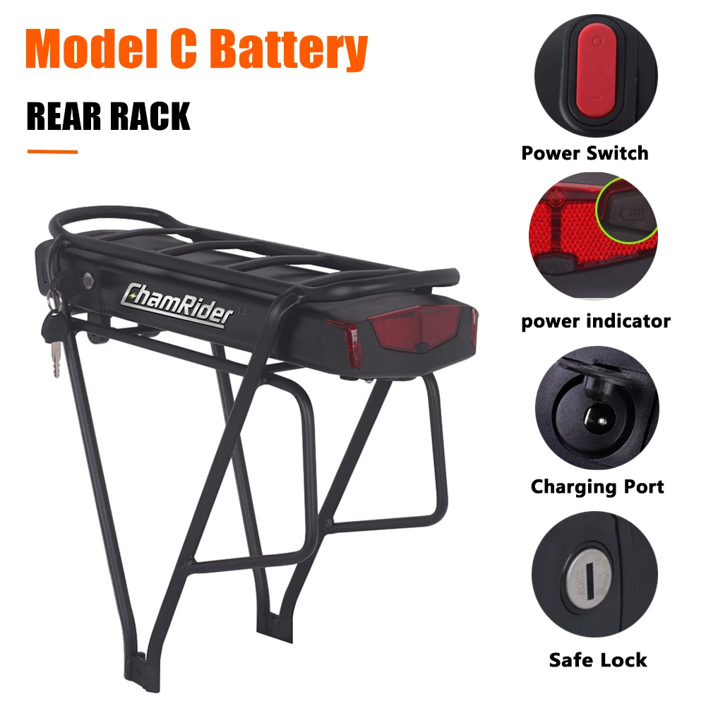 ChamRider Ebike Battery 48V Rear Rack Battery 52V Electric Bike Battery Lithium Battery Powerful Capacity 36V 50A BMS 21700 Cell