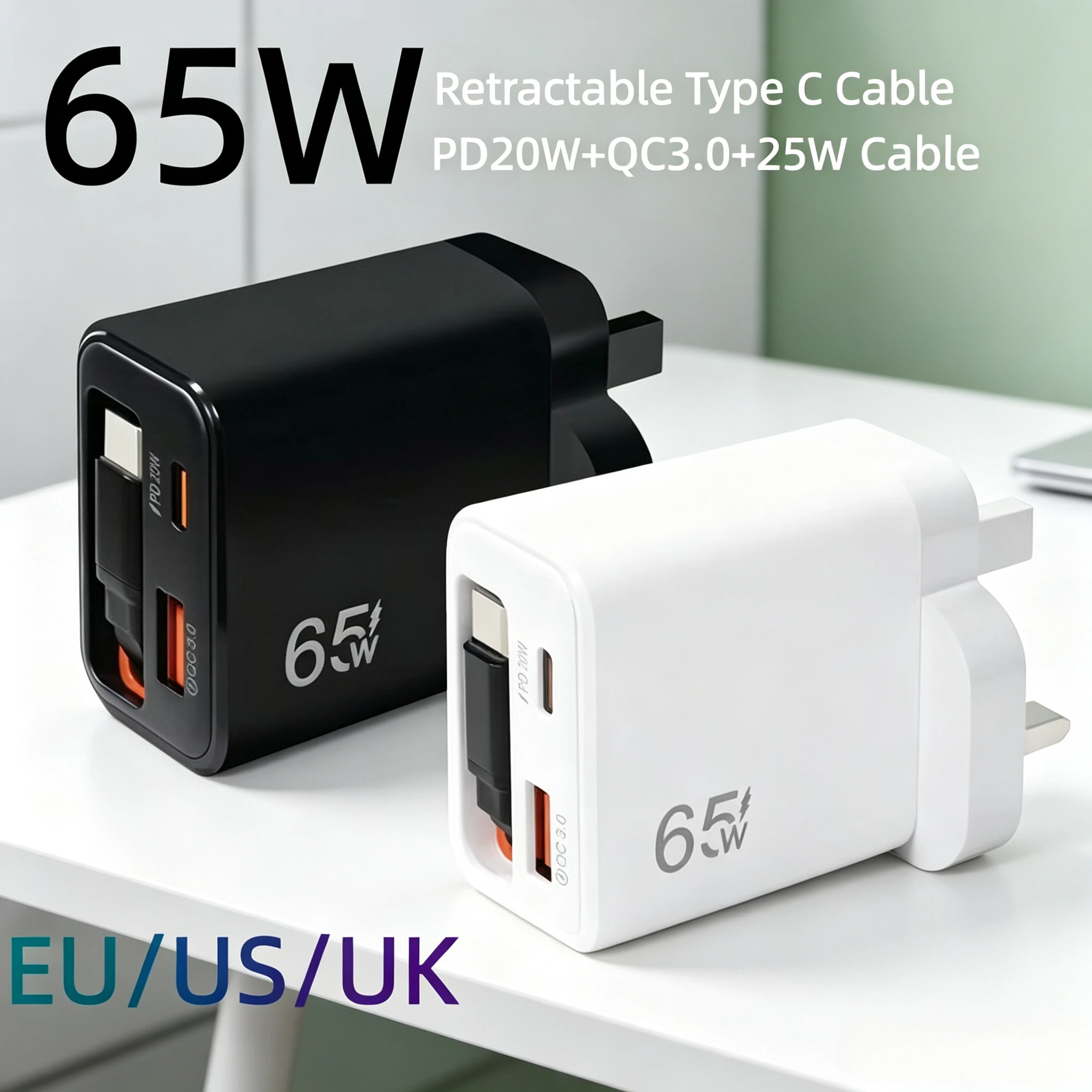 65W 3 In 1 USB Phone Charger With Retractable Type C Cable PD Super Fast Charging QC3.0 Adapter For iPhone 17 16 15 POCO Xiaomi