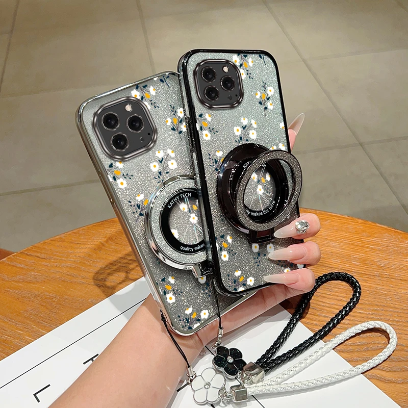 

16ProMax White flowers Plating Bracelet Holder Phone Phone Case For iPhone 16Pro 14Pro 14 14ProMax 16 13 12Pro 16ProMax Cover