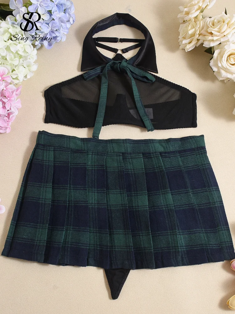 

SINGREINY Cosplay Sheer Porno Skirt Lingerie Sets Fashion Club Sheath Sleepwear Female Halter Plaid Erotic Sexy Underwear Suits