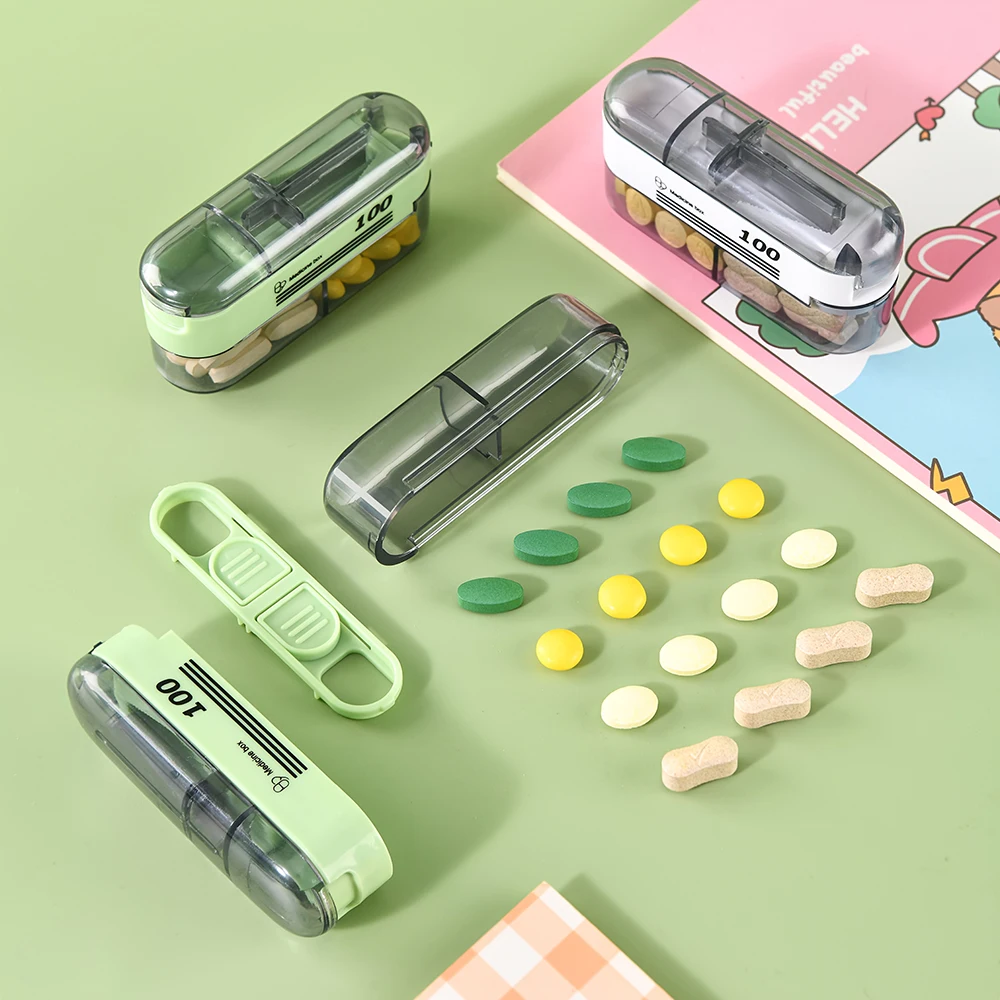 Multicolor 2 in 1 Pill Cutter Splitter Crusher, Safety Guard with Brush, Sliding Storage Box for 1/2 1/4 Pills Home Travel