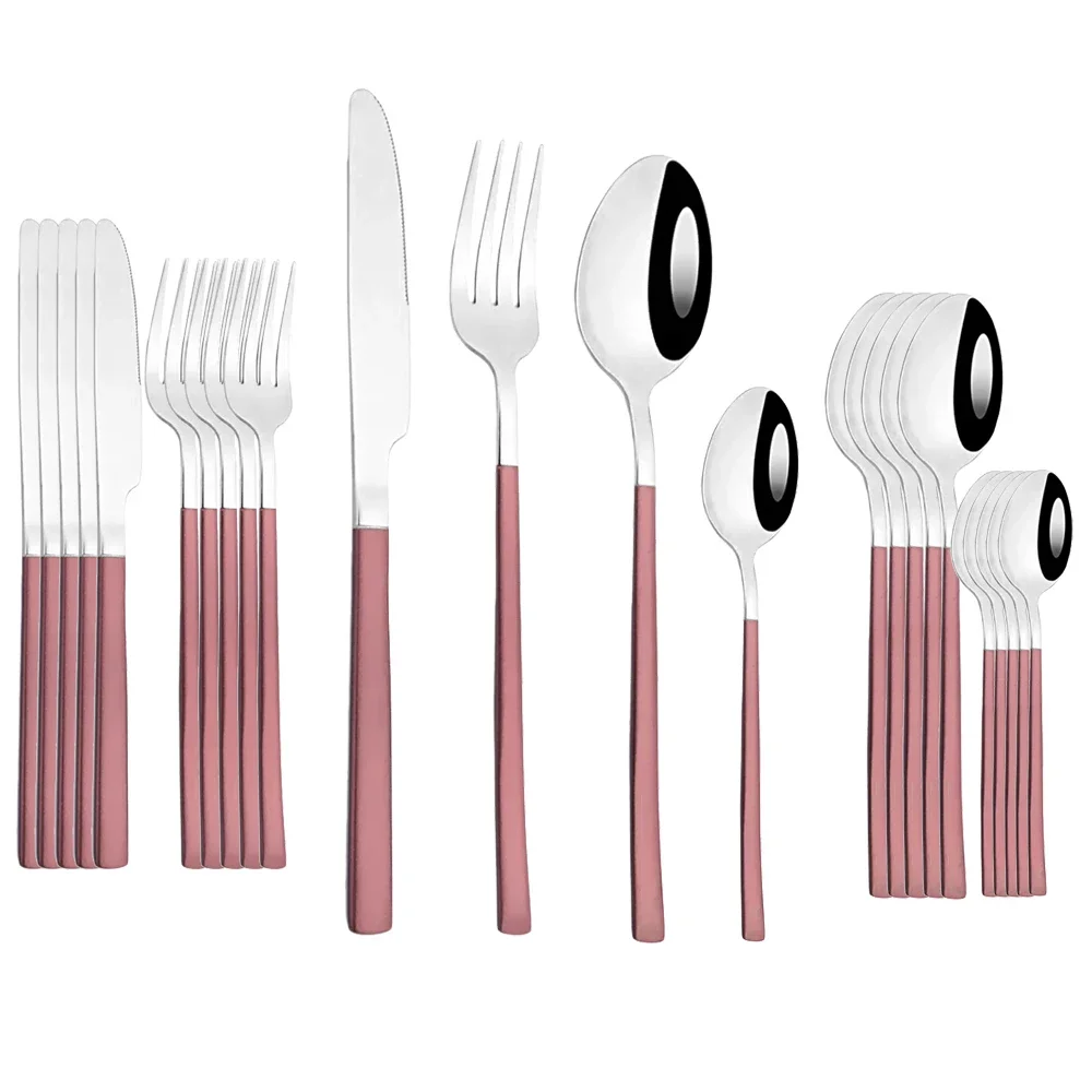 30Pcs Pink Silver Cutlery Set Knife Fork Spoon Dinner Dinnerware Set Stainless Steel Flatware Set Kitchen Tableware Set