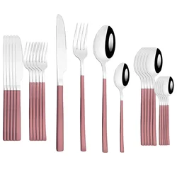 30Pcs Pink Silver Cutlery Set Knife Fork Spoon Dinner Dinnerware Set Stainless Steel Flatware Set Kitchen Tableware Set