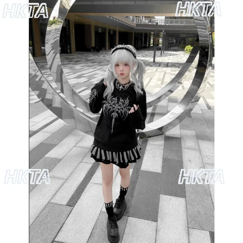 Original Japanese Jirai Kei Tshirt Punk Rock Black Top Women Autumn New Sub-culture Niche Loose Casual Long-sleeved T-shirt Girl