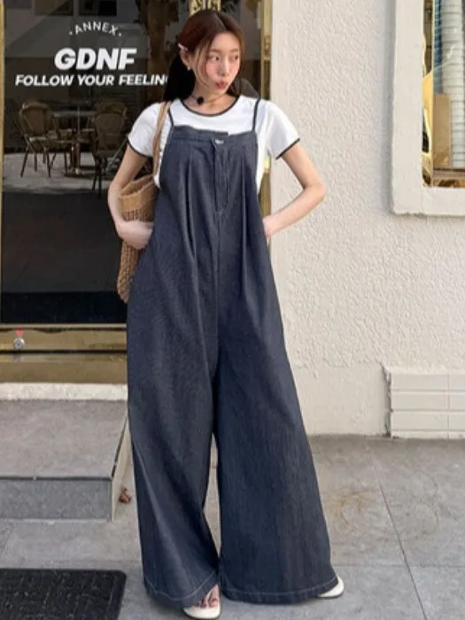 

Vintage Agel One-Button Strap Denim Jeans Women Summer New Small- Versatile Wide-Leg Casual Long Pants
