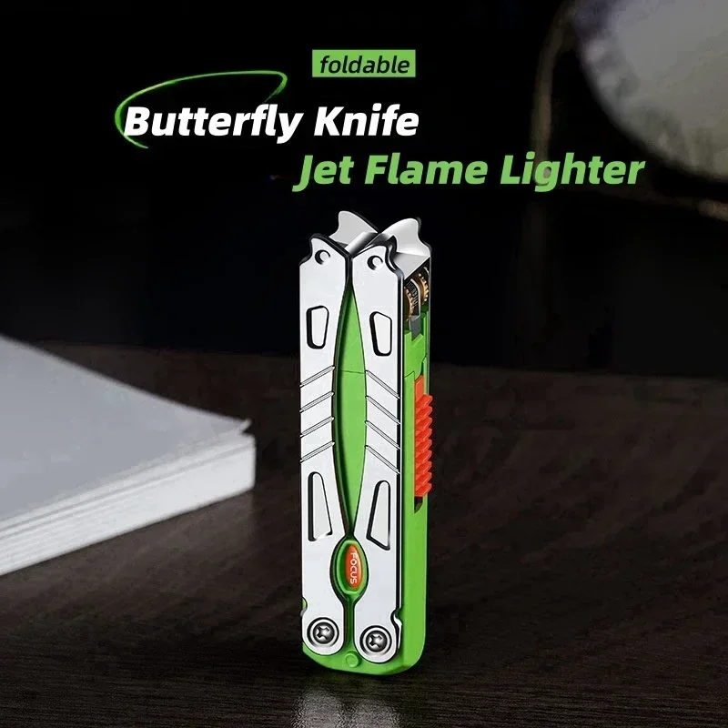Butterfly Knife Rotating Grinding Wheel Ignition Metal Lighter Windproof Folding Inflatable Decompression Lighter Smoking Gifts