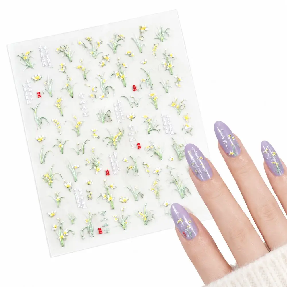1Pc Raised Flower Nail Sticker Delicate Orchid Calligraphy Embossed Self Adhesive Red Dot For Spring Home Manicure DIY Kit
