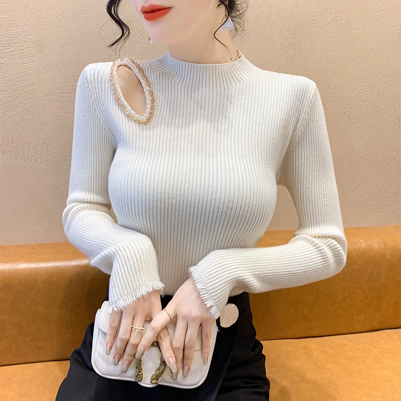 

Женский свитер с высоким воротником, длинный рукав, ажурный, базовый, зимний, дизайнерский, с бусинами, для ношения под одеждой, облегающий, трикотажный