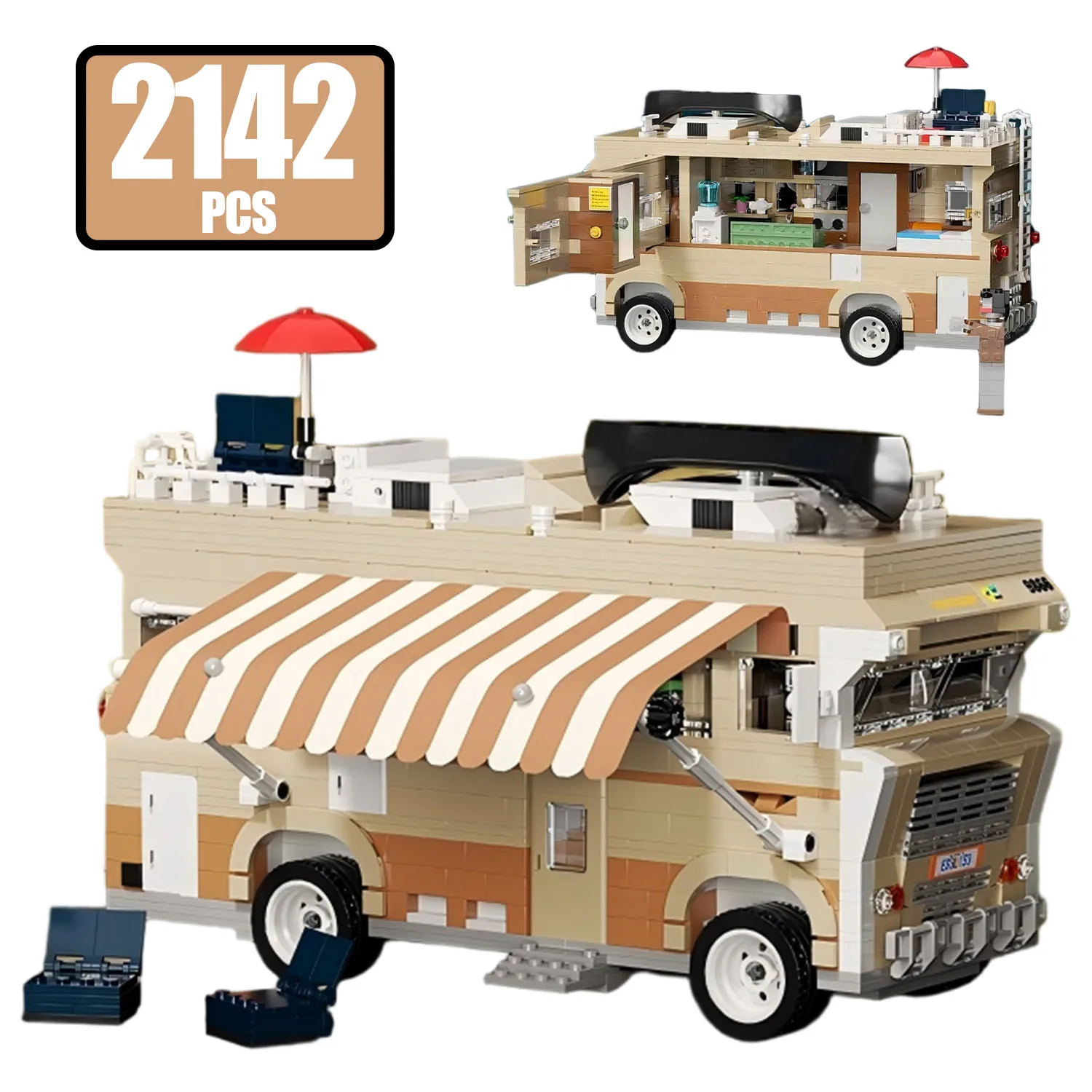 2142PCS MOC Creative Camper RV Building Block Open Door Pickup Truck Canvas Cart Camping Equipment Brick Toys DIY Christmas Gift