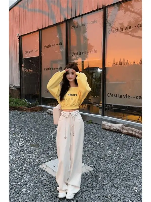 

Winter Street Sle Women's Letter Print Yellow Hoodie Set Clete OOTD Wide Leg Pants Faionable Casual Outfit Two Piece Set