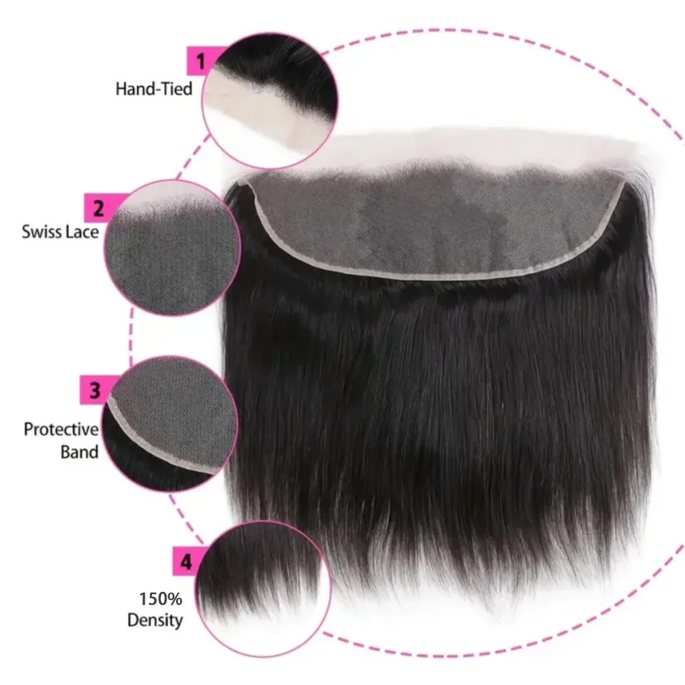 Bundles de cheveux humains droits avec fermeture pour femme, dentelle 100% non traitée, 13x4, noir naturel, document, 3 faisceaux