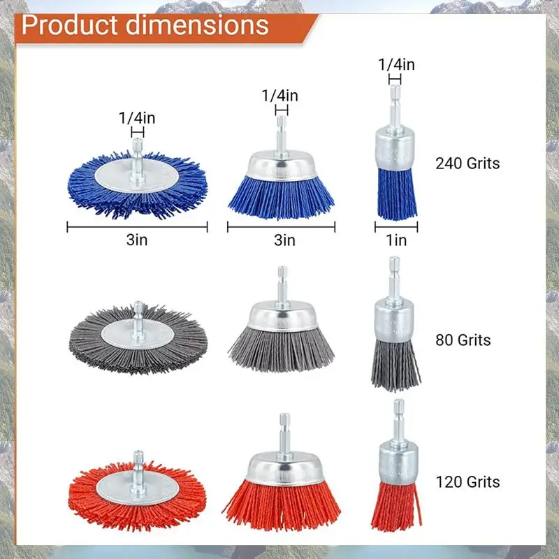 عجلات فرشاة سلك كاشطة لخيوط الاتجاه لعام 2025، مجموعة فرشاة مثقاب من النايلون مكونة من 3 أحجام مع مثقاب 1/4 بوصة لإزالة طلاء تآكل الصدأ #6