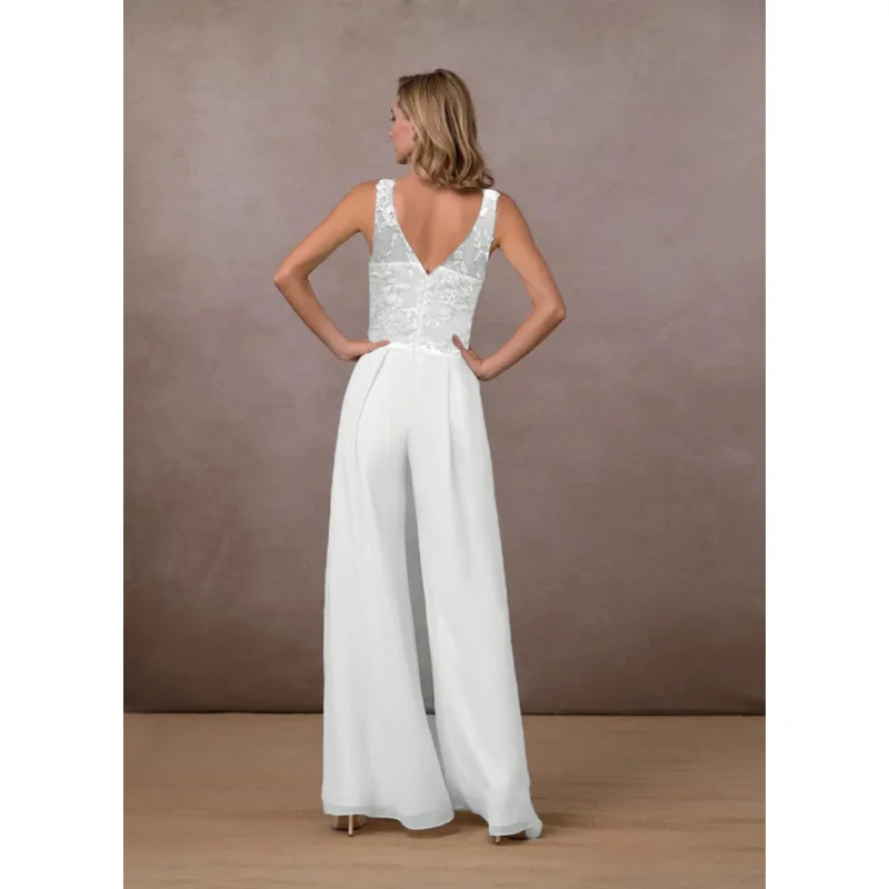 European and American Women's Clothing JumpsuitVCollar Mid Waist Sleeveless White Chiffon Trousers Wide Leg Pants New