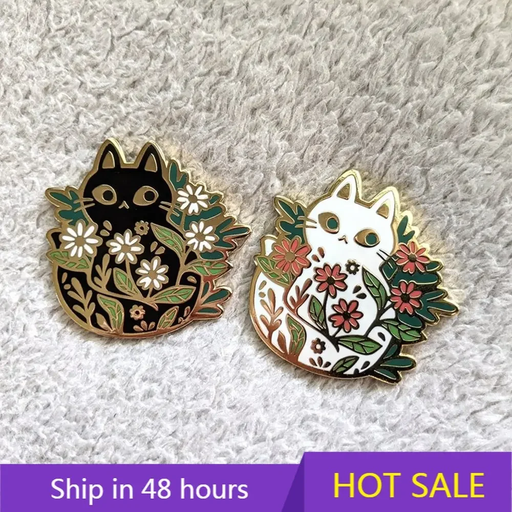 Cute Black/ White Cat in Flowers Hard Enamel Pins Lapel Pin, Cat, Plants Badge Brooch for  Jewelry Accessories Wholesale