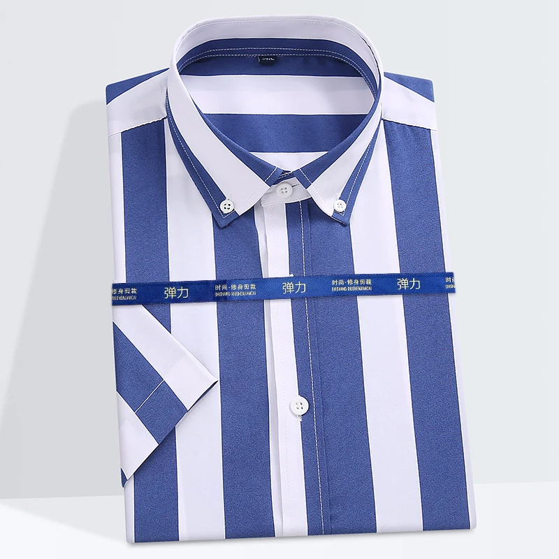 Fashion korean striped clothes summer thin short sleeve shirts for men slim fit casual plain shirt trends elastic hawaiian tops