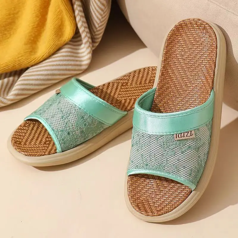 Summer Woman's One Word Flat Sole Cool Rattan Grass Slipper Soft Sole Non Slip Breathable Home Linen Floor Slipper
