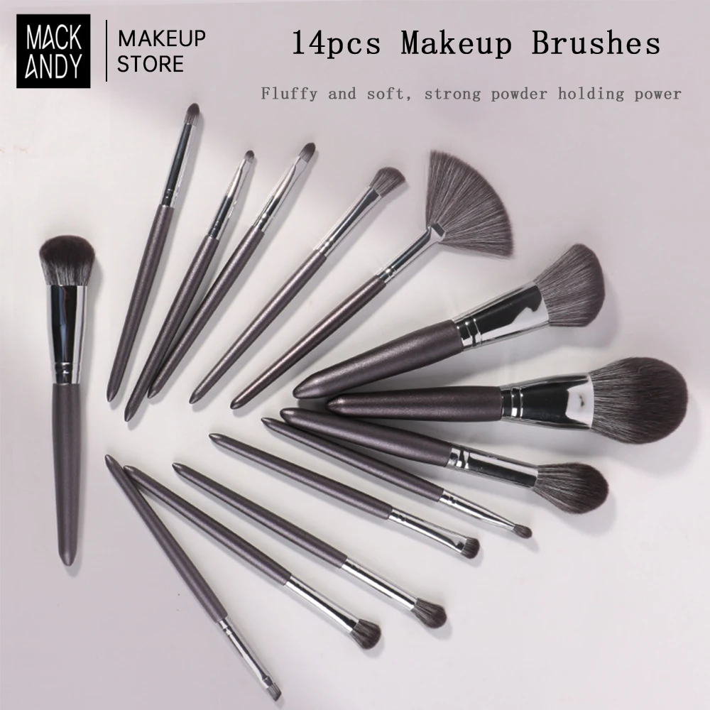 MACKANDY-Kit de pinceaux de maquillage gris café pour femme, poudre de fond de teint en poils de chèvre naturels, fard à barrage contour, outils de maquillage Jules, 14 pièces