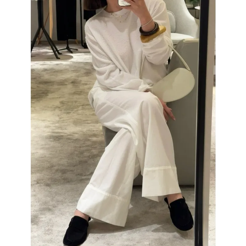 Pantaloni casual da donna con coulisse bianchi stile Old Money, rilassanti e versatili, pantaloni a gamba larga in vita elastica