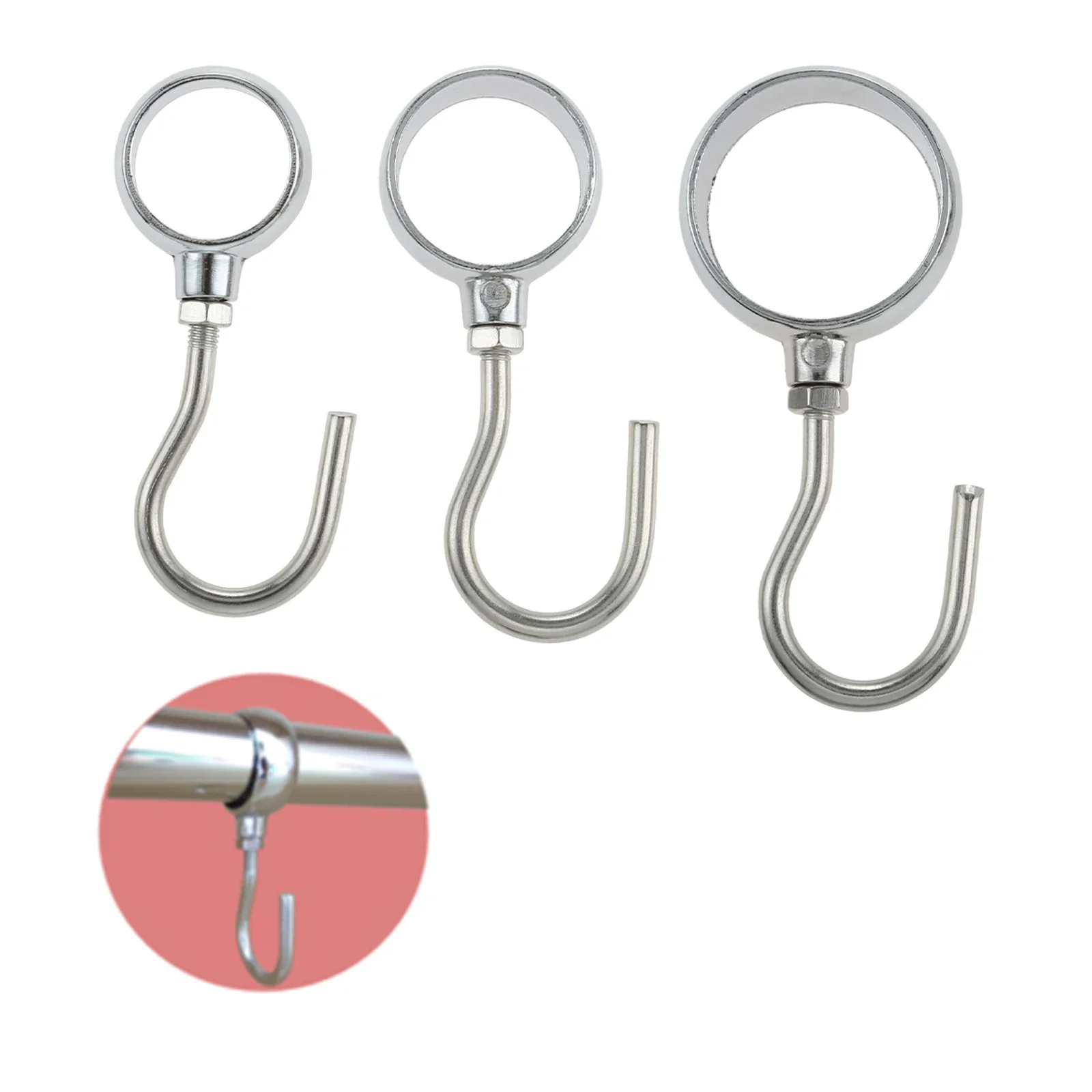 10pcs Adjustable Tube Rod Hooks Hard Metal Hanger 22mm/25mm/32mm Silver 360 Degree Removable Screw Hook Wardrobe Closet Kitchen