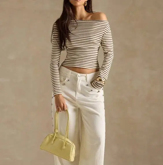 

Women's Top Summer Classic Style Elegant and Fashionable Striped Print Sloping Collar Off Shoulder Design Slim Knit Top