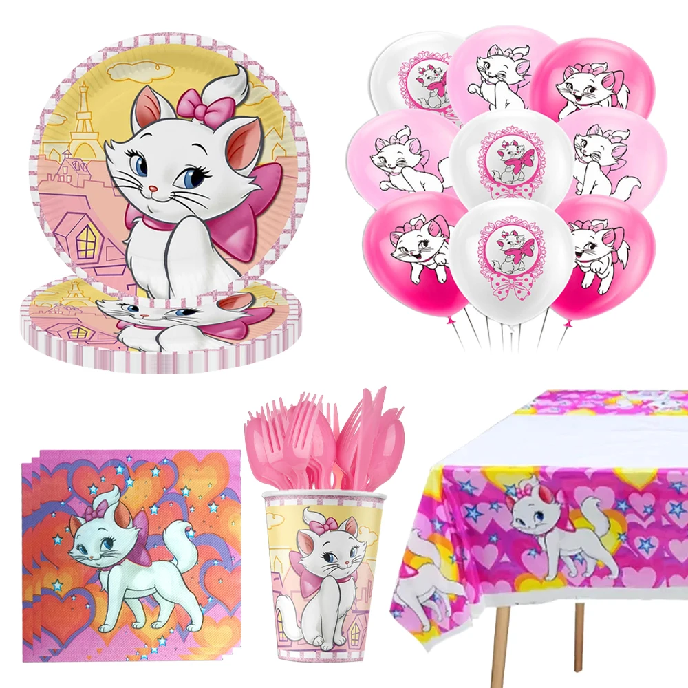 Decoración para Fiesta de Cumpleaños de la Gata Marie Rosa, Set de Vajilla con Temática de los Aristogatos, Bolsas de Regalo, Platos, Servilletas, Vasos, Pancarta, Globos