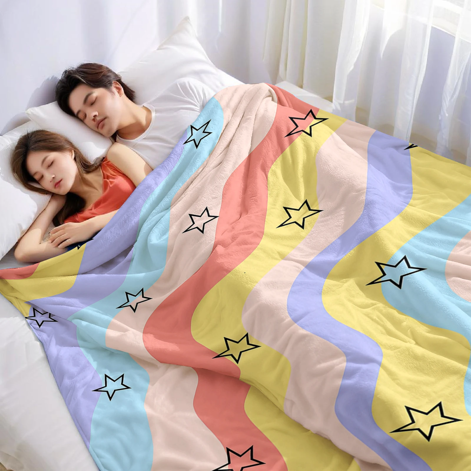Rainbow Wave Star Cartoon Anime Print Flannel Blanket Soft Warm Throw for Kids Bedroom Sofa Bed Christmas Office Car