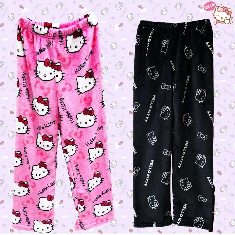 Hello Kitty Adults Flannel Plush Pajama Pants Soft Warming Home Winter Large Size Loose Comfortable Cute Girls Gift