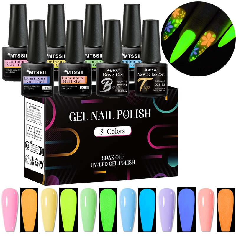 MEET ACROSS 8Pcs/Set Glow In Dark Gel Nail Polish Glitter Luminous Fluorescent Gel Vernis Semi Permanent Nail Art UV LED Varnish