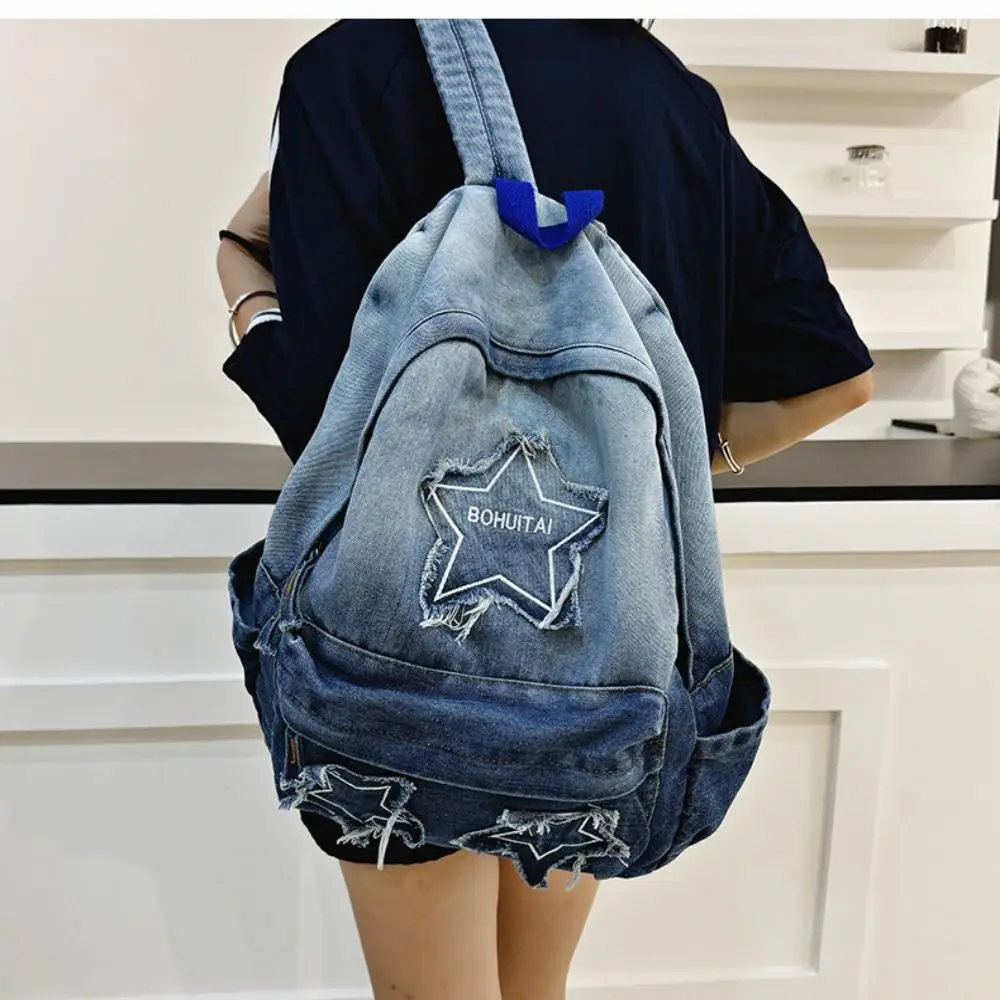 Stylish Large Capacity Denim Backpacks Denim Material Multi-Pocket Structure Travel Bag Multi-functional School Bag School Use