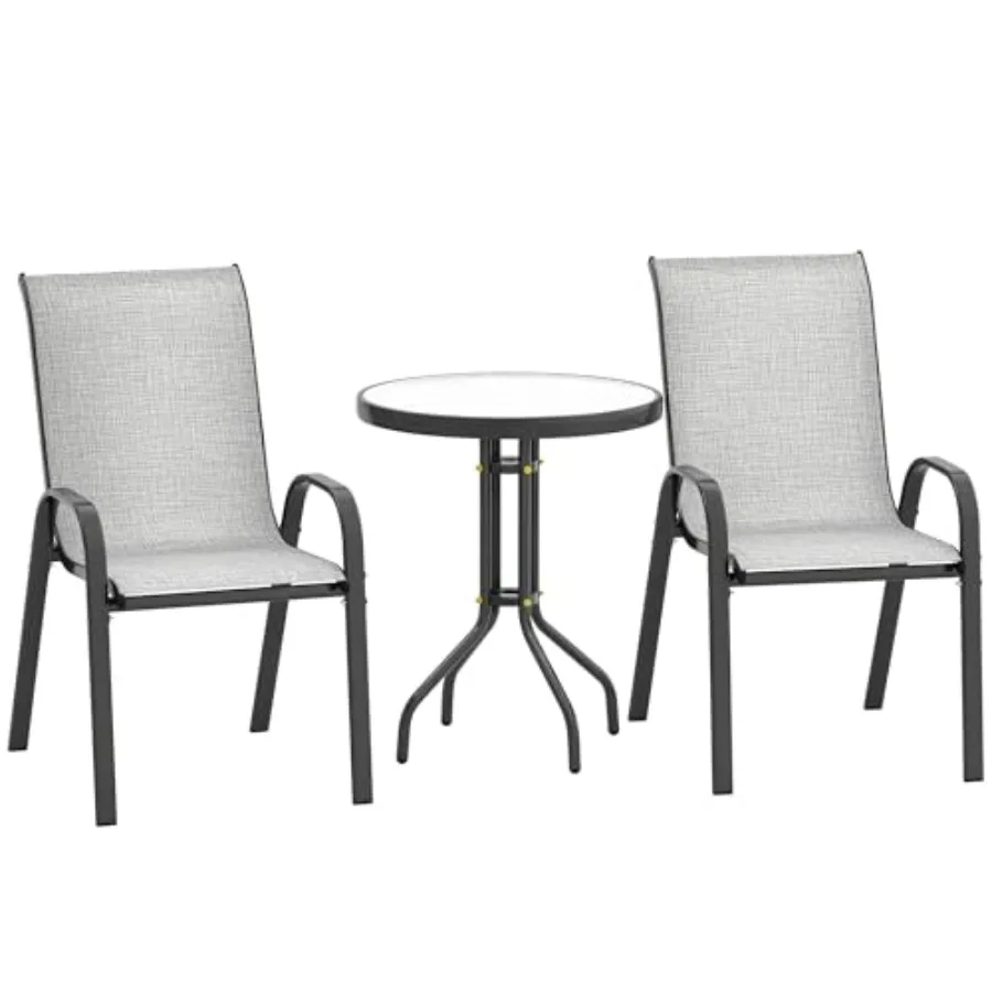 

3 Pieces Outdoor Bistro Set Small Patio Set with Stackable Mesh Chairs and Glass Top Table High Back Patio Furniture Set for Ba