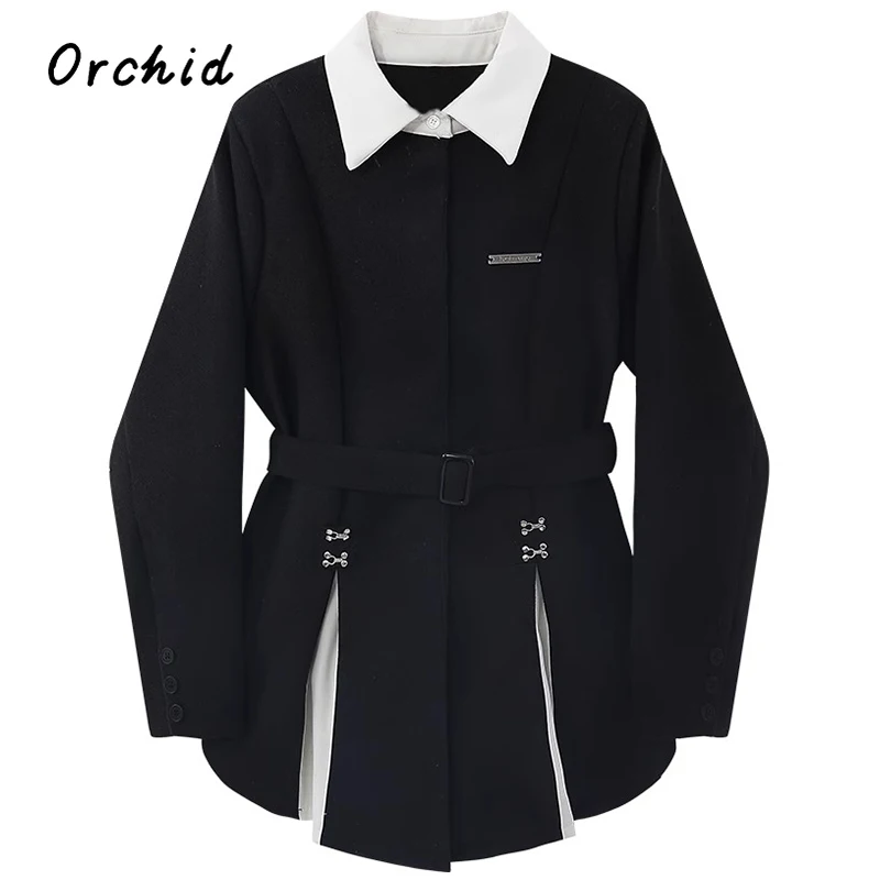 2023 New Young Women Black Gothic Blazer Vintage Fashion Jacket with Belt Y2k Suit Coat Elegant Harajuku Long Sleeve Outwear