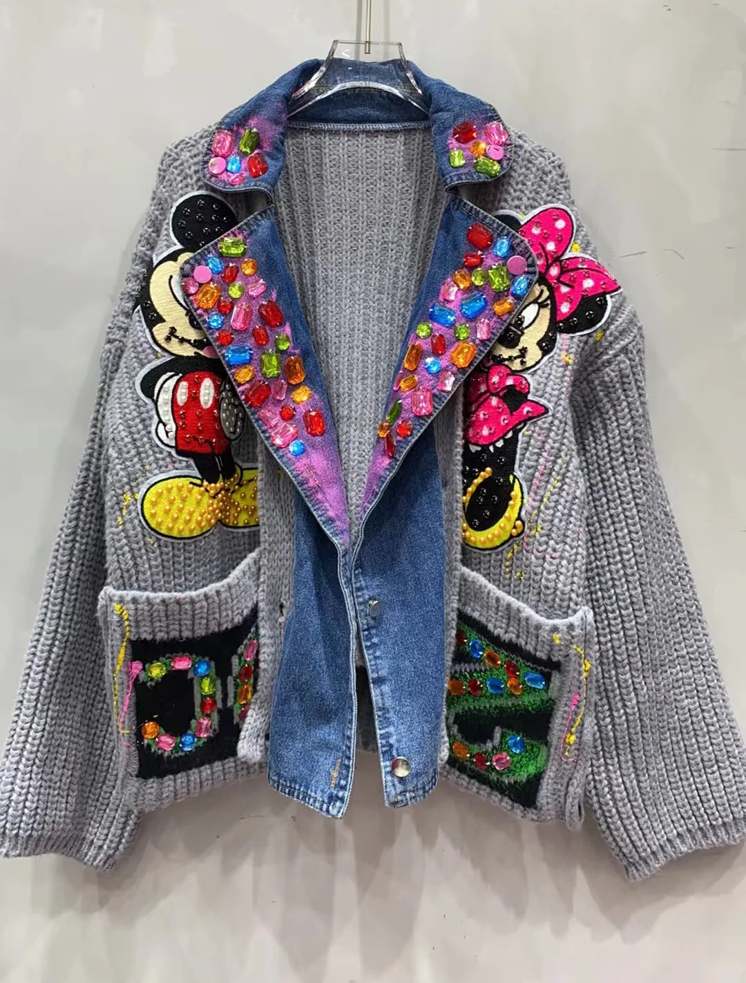 Outono e inverno solto engrossado camisola cardigan moda emenda colorido strass terno superior colarinho denim jaqueta feminina