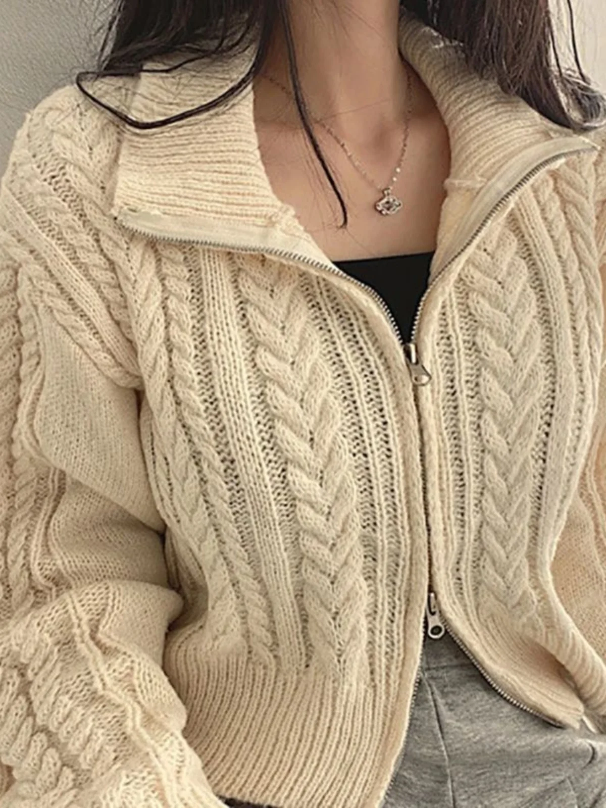 

Свитер с двойной молнией в стиле ретро, кардиган Street Sle, свободный крой, длинный свек, длина, однотонный, осенний модный женский трикотаж