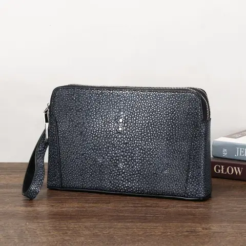 Authentic Pearl Fish Skin Pattern Men's Password Wristlets Pouch Bag Exotic Stingray Leather Printed Two-zips Male Clutch Purse