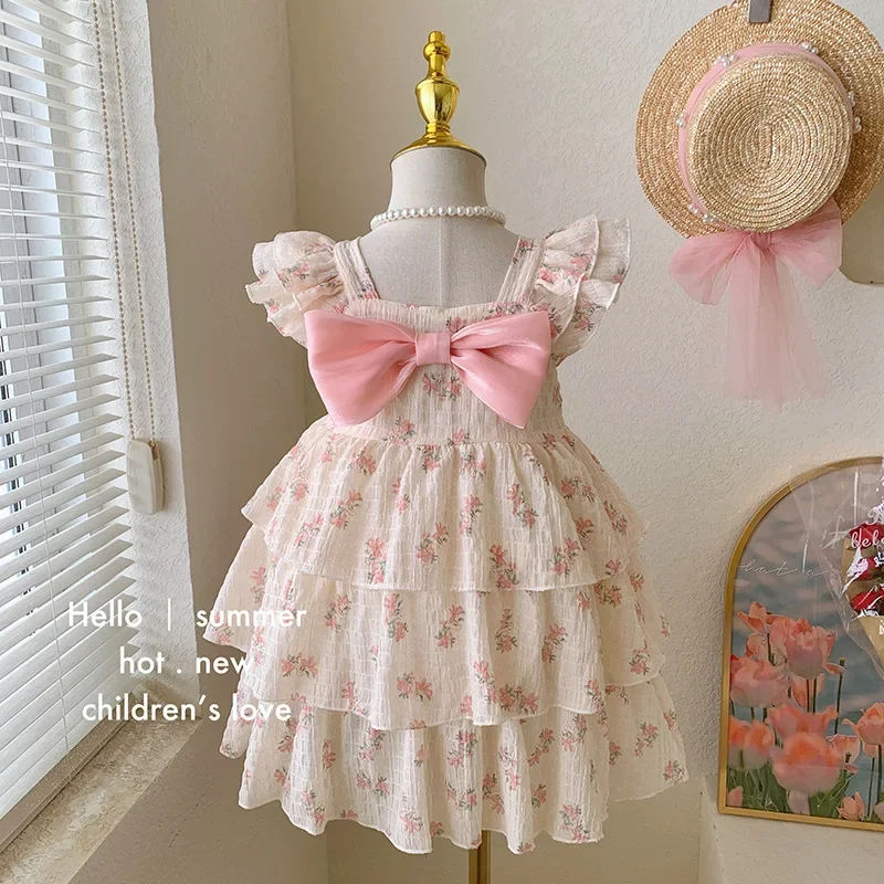 

Baby Girl Sweet Dress Korean Style 2023 Summer Flower Cute Dress Flying Sleeveless Flower Bow Casual Simple Girls Dress