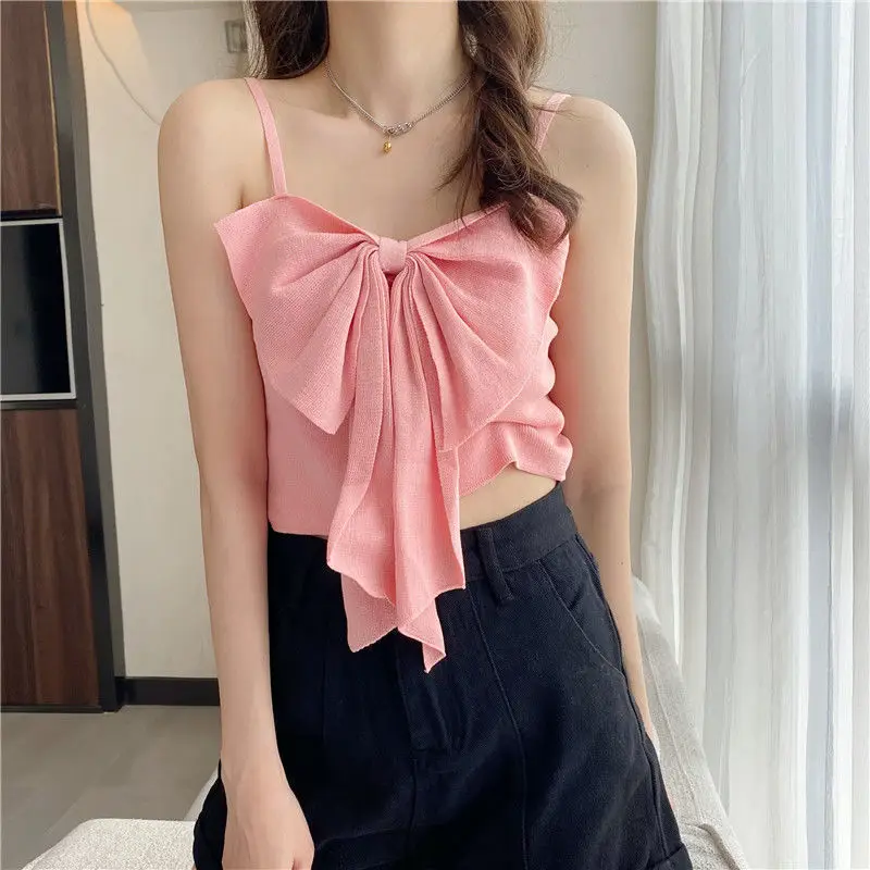 Women\'s 2024 Summer New Korean Commute Halter Backless Solid Color Spliced Bow Slim Fit Sleeveless Sexy Short Tank Camisole Tops