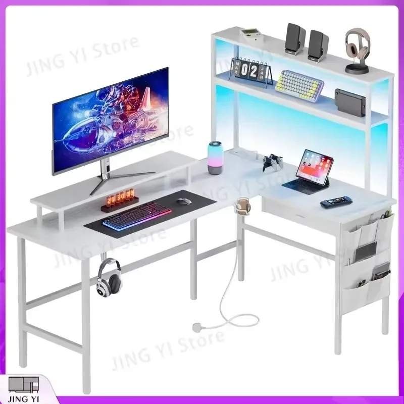 L Shaped Reversible Computer Desk with LED Lights Drawer Storage Shelves Gaming Desk for Home Office Workstation Study Desk