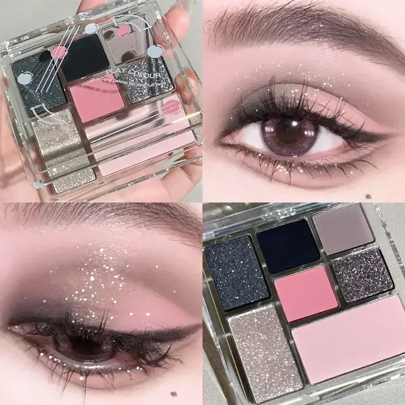 7 Colors Eyeshadow Palette Grey Pink Powder Punk Smoky Eye Blush Highlighter Korean Shiny Glitter Shadow Eyes Korean Cosmetics