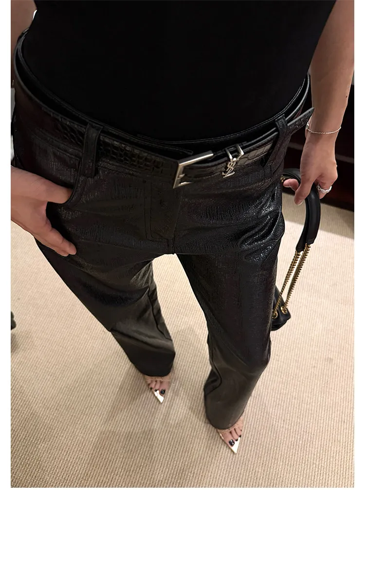 Lautaro Spring Autumn Shiny Lizard Print Pu Leather Straight Pants Women High Waist 2026 Chic Luxury Brands Alternative Pants