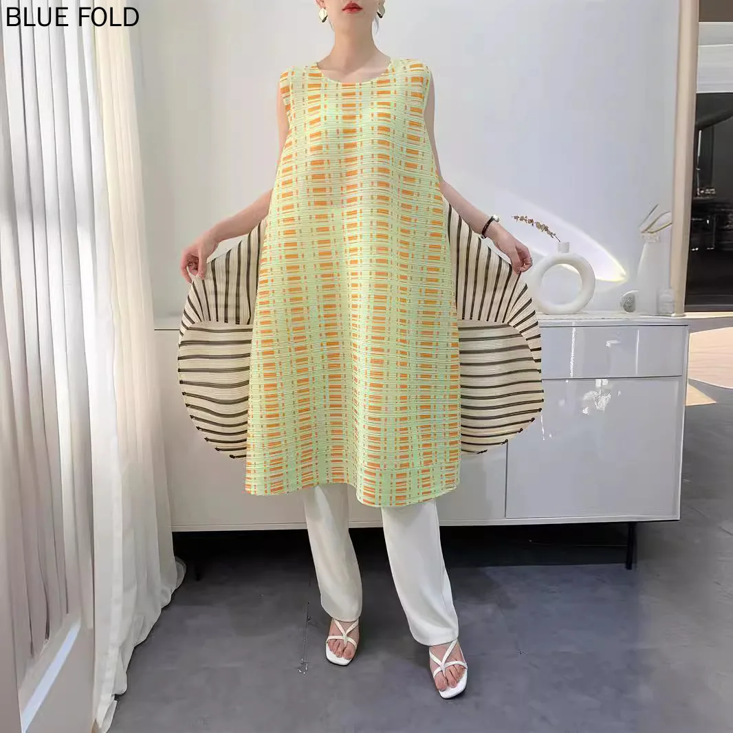 

MIYAKE PLEATS-Printed Pleated Dress for Women Loose Large Swing Horizontal KK Design Sense Women's Clothing Elegant Summer New